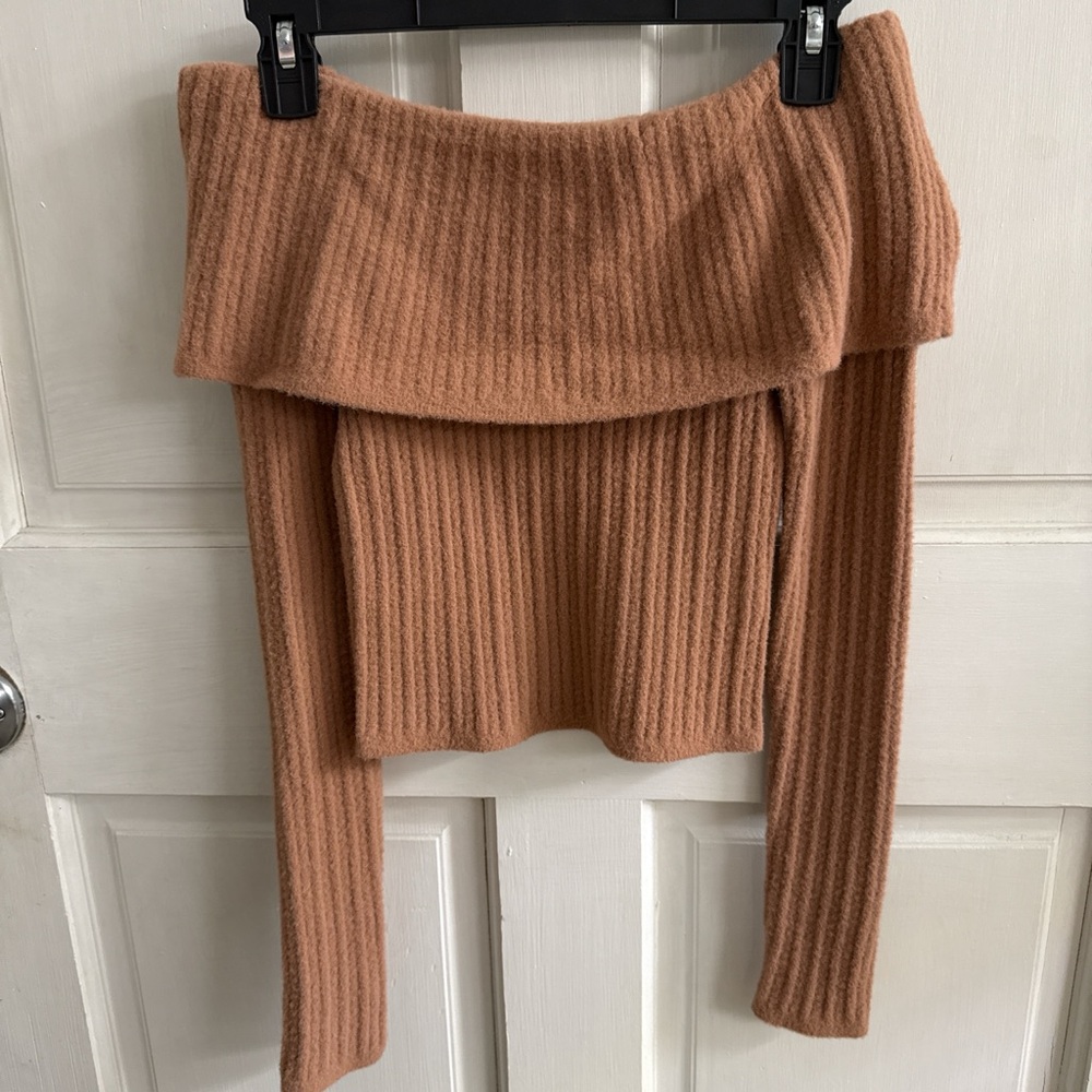 Cozy Off-Shoulder Ribbed Sweater - Tan